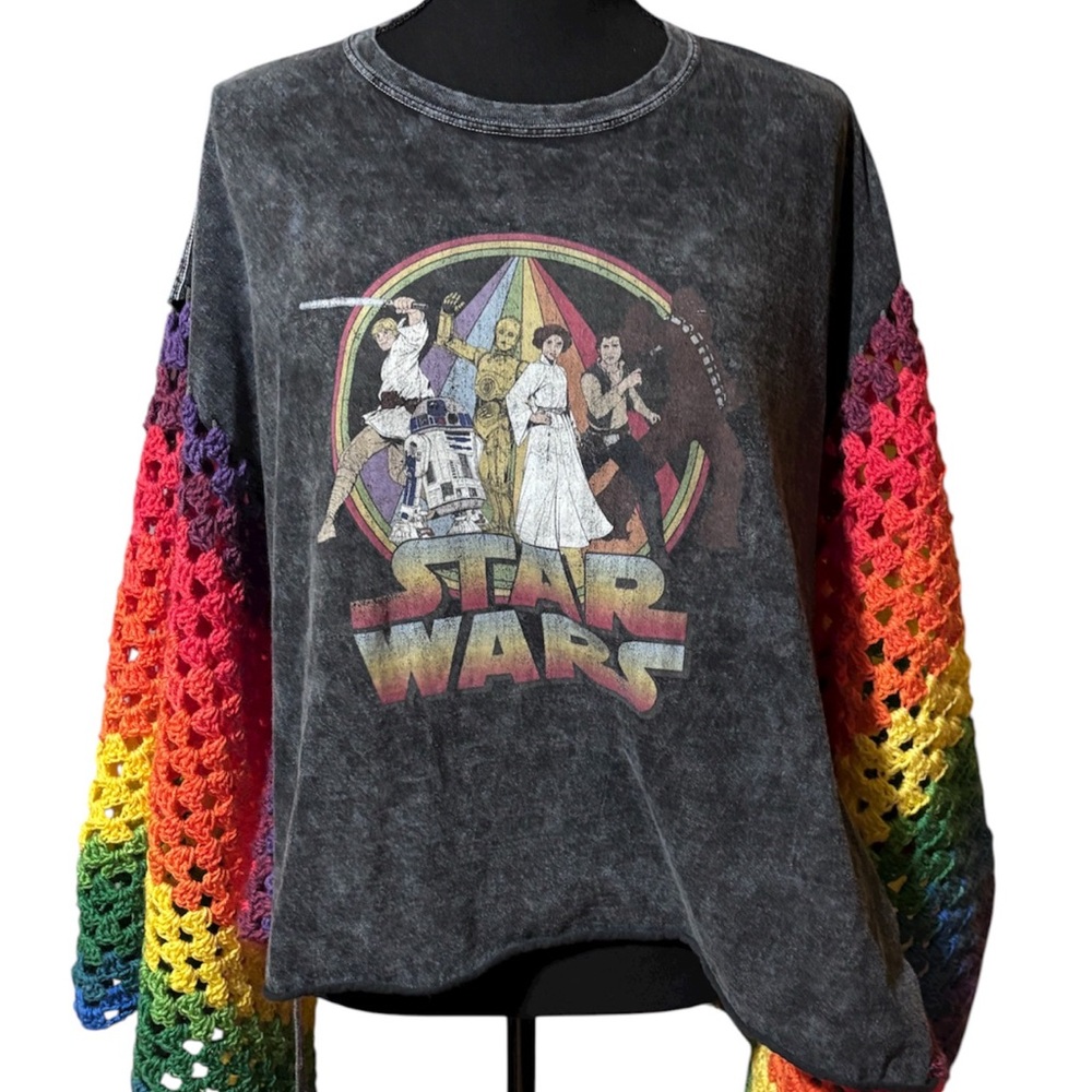 Star Wars Graphic Scarf with Rainbow Crochet Sleeves